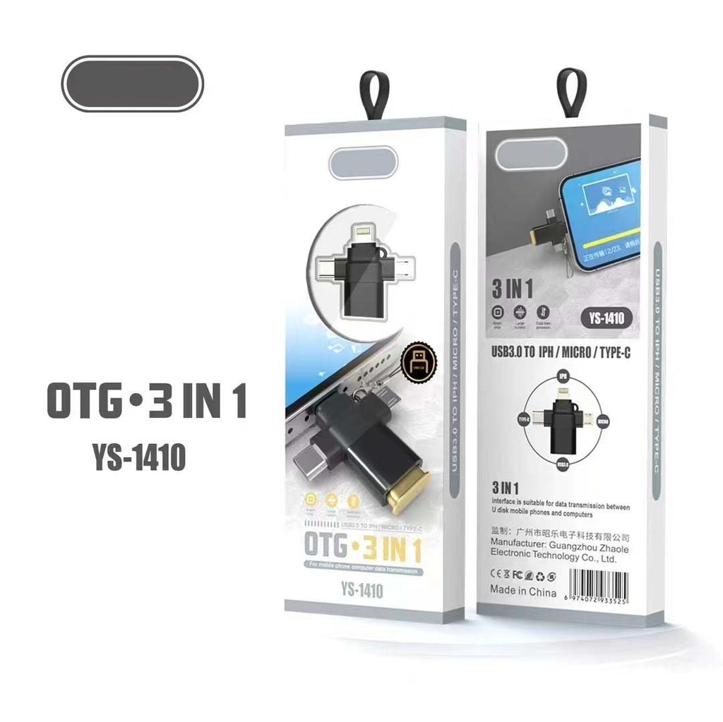YS-1410 3-in-1 OTG Adapter - USB 3.0, SD/TF Card Reader & Charging Port for Smartphones, Tablets & Laptops