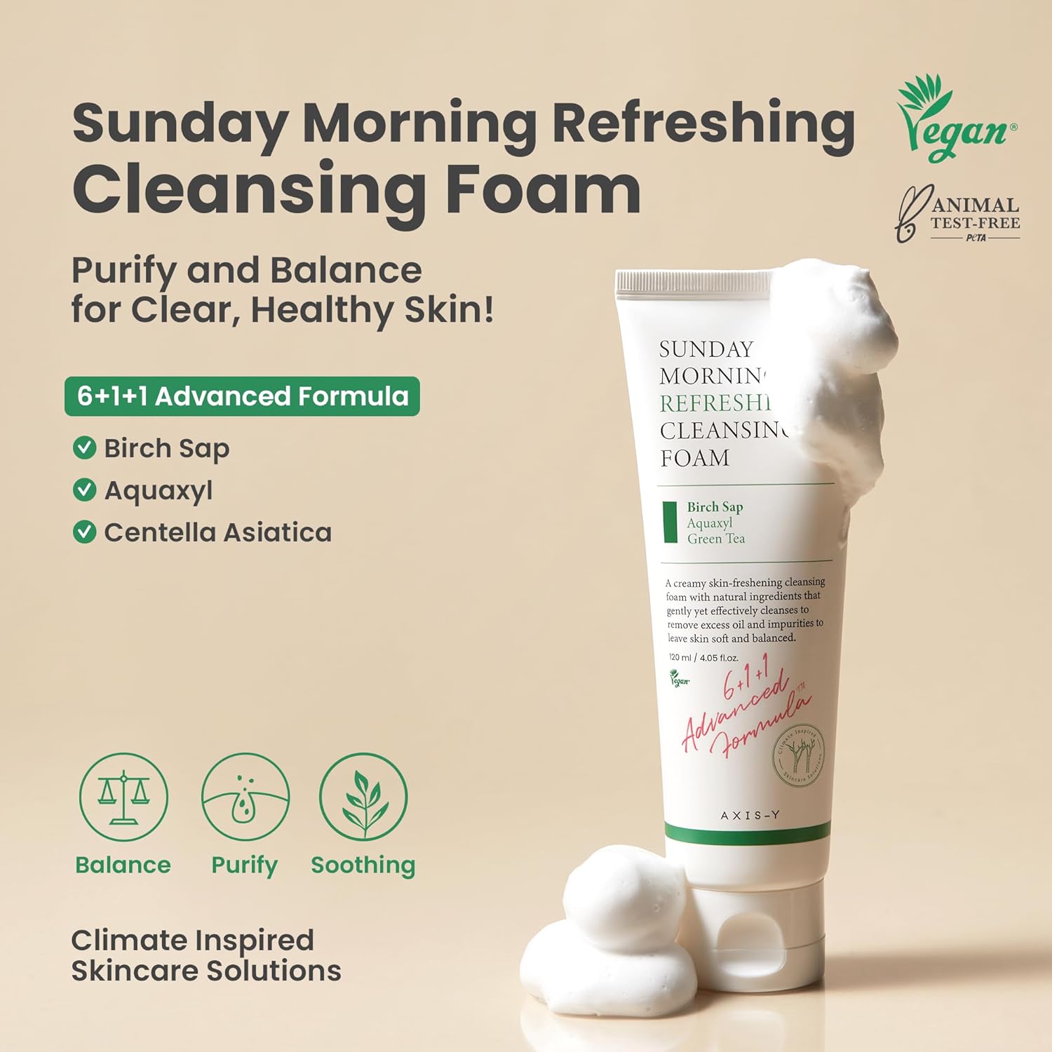 AXIS-Y Sunday Morning Refreshing Cleansing Foam. Gentle Korean face wash with natural surfactants for a soft cleanse. 120ml.