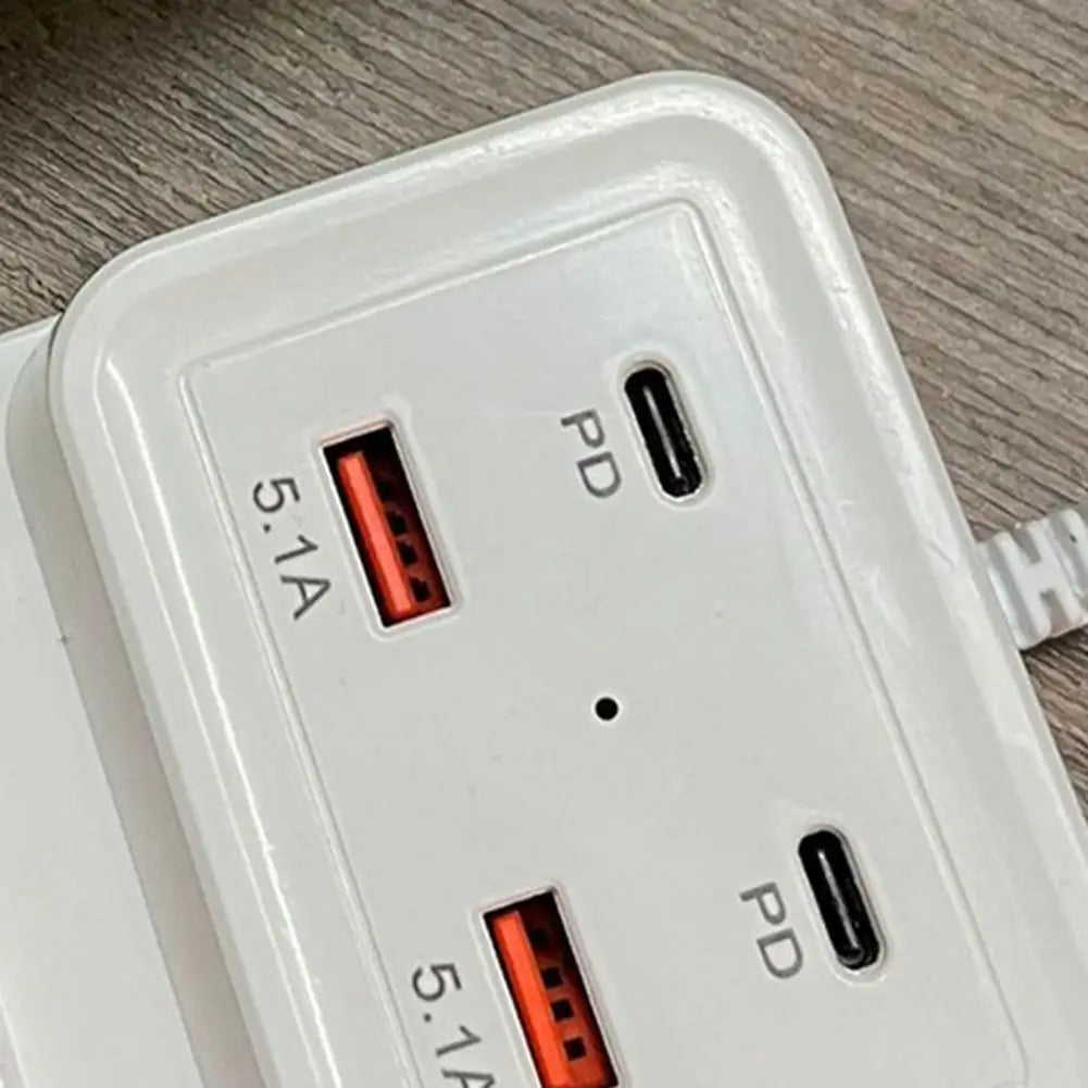 Intelligent USB Power Strip Plug with Dual PD & USB Ports | 5.1A Multi-Port Fast Charging Power Supply | US/EU Plug, 4 USB Output Ports for Safe Charging