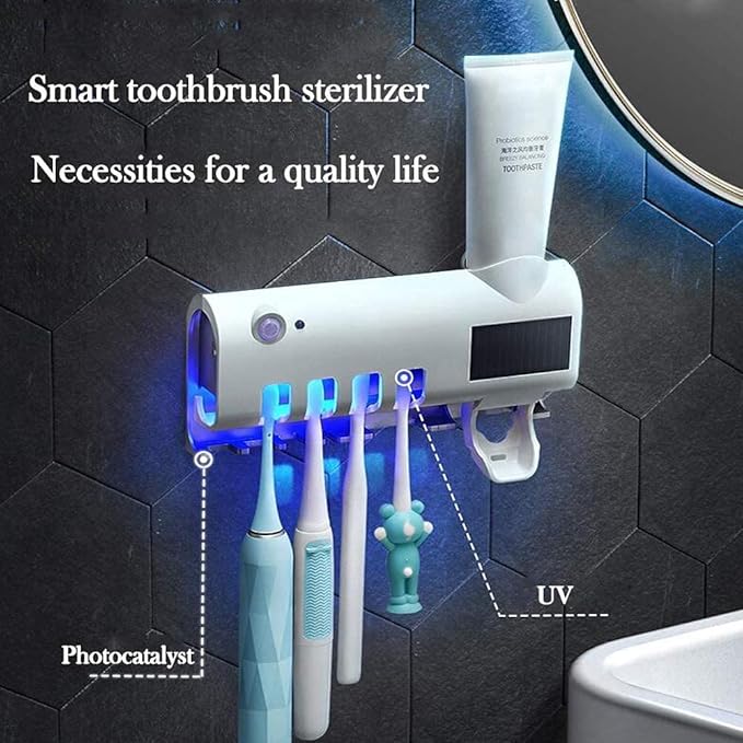 3-in-1 Intelligent Photosensitive Toothpaste Dispenser | Wall-Mounted USB Solar Rechargeable Toothbrush Holder (White)