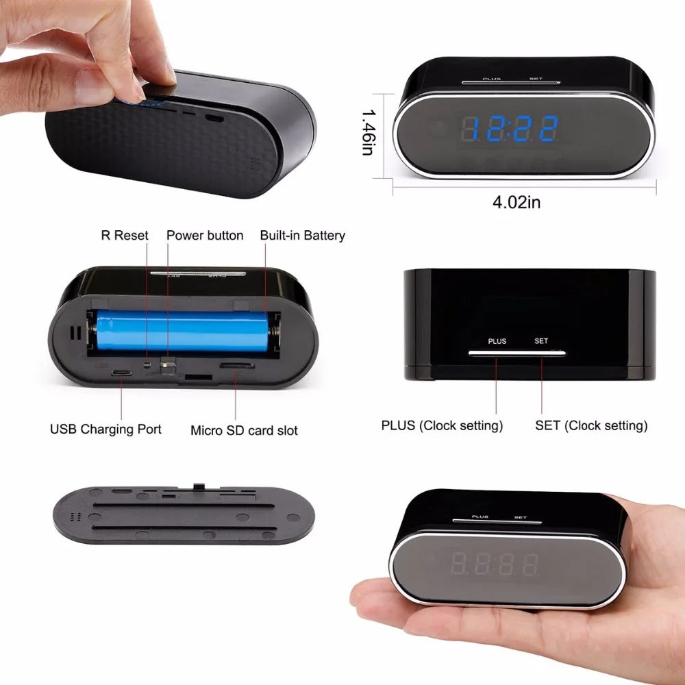 Wireless WiFi Table Clock – 1080P HD Mini Camera with Alarm, IR Night Vision, and Home Security DVR