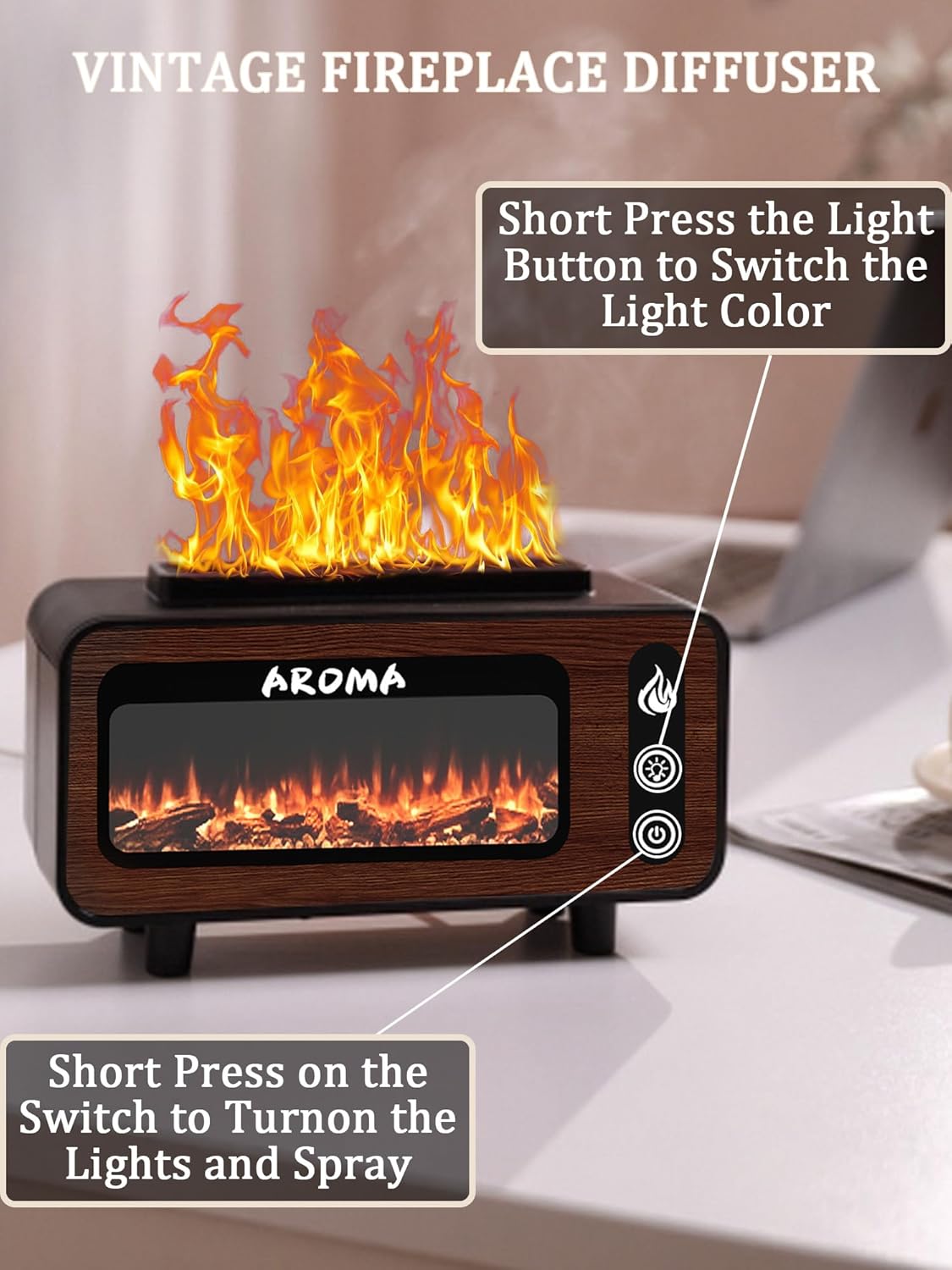 Wood Grain Fireplace Diffuser | Simulated Flame Aroma Diffuser with 7-Color LED | Silent Humidifier with Auto Shut-Off for Bedroom & Living Room
