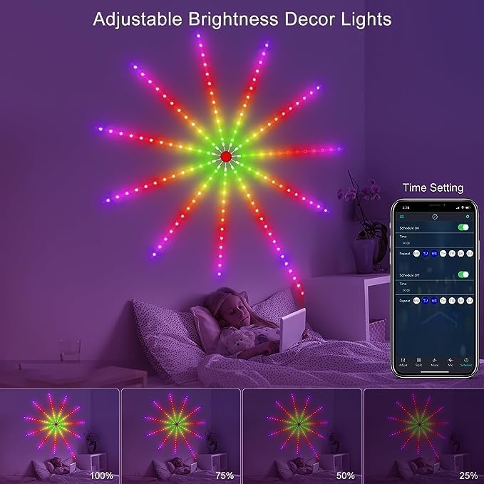 Smart Firework LED Lights | USB Powered Room Decor with Color Changing Fireworks & RGB Strip | Remote & App Control