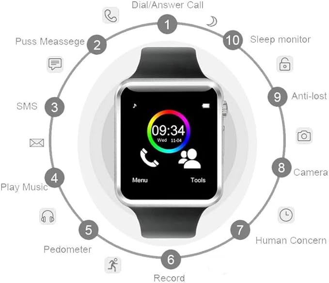A1 Bluetooth Smart Watch - Fitness Tracker with Pedometer, SIM Card Slot & Camera | Android Sports Bracelet with Call, Message Alerts, and Health Tracking