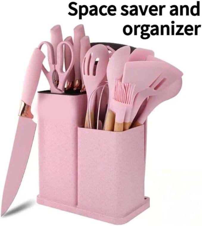 19-Piece Silicone Cooking Utensils & Knife Set | Includes Utensils, Knives, Cutting Board & Block | Stylish Pink Design