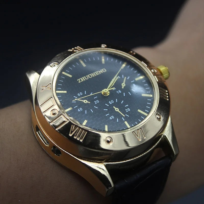 Cigarette Lighter Watch | Golden USB Rechargeable Casual Watch with Heating Wire Lighter for Men | Stylish & Functional Accessory