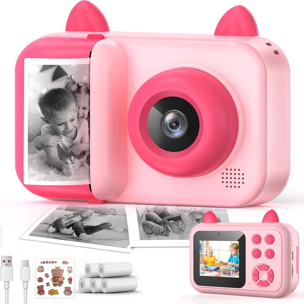 Kids Instant Camera - 1080P Digital Camera with Printing Paper, Fun & Educational Toy for Ages 3-12 (No Card Included) - Pink