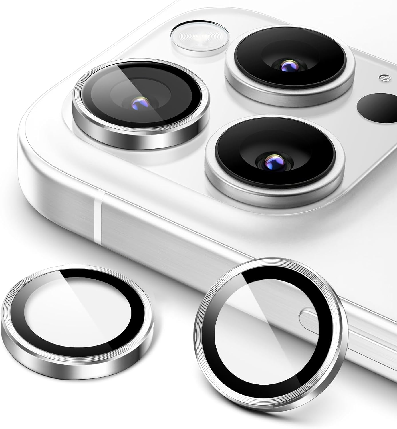 iPhone 16/17 Pro Max Camera Lens Protector 3-Pack | 9H Tempered Glass with Alloy Ring | Anti-Scratch HD Clear Cover – Silver Titanium Finish