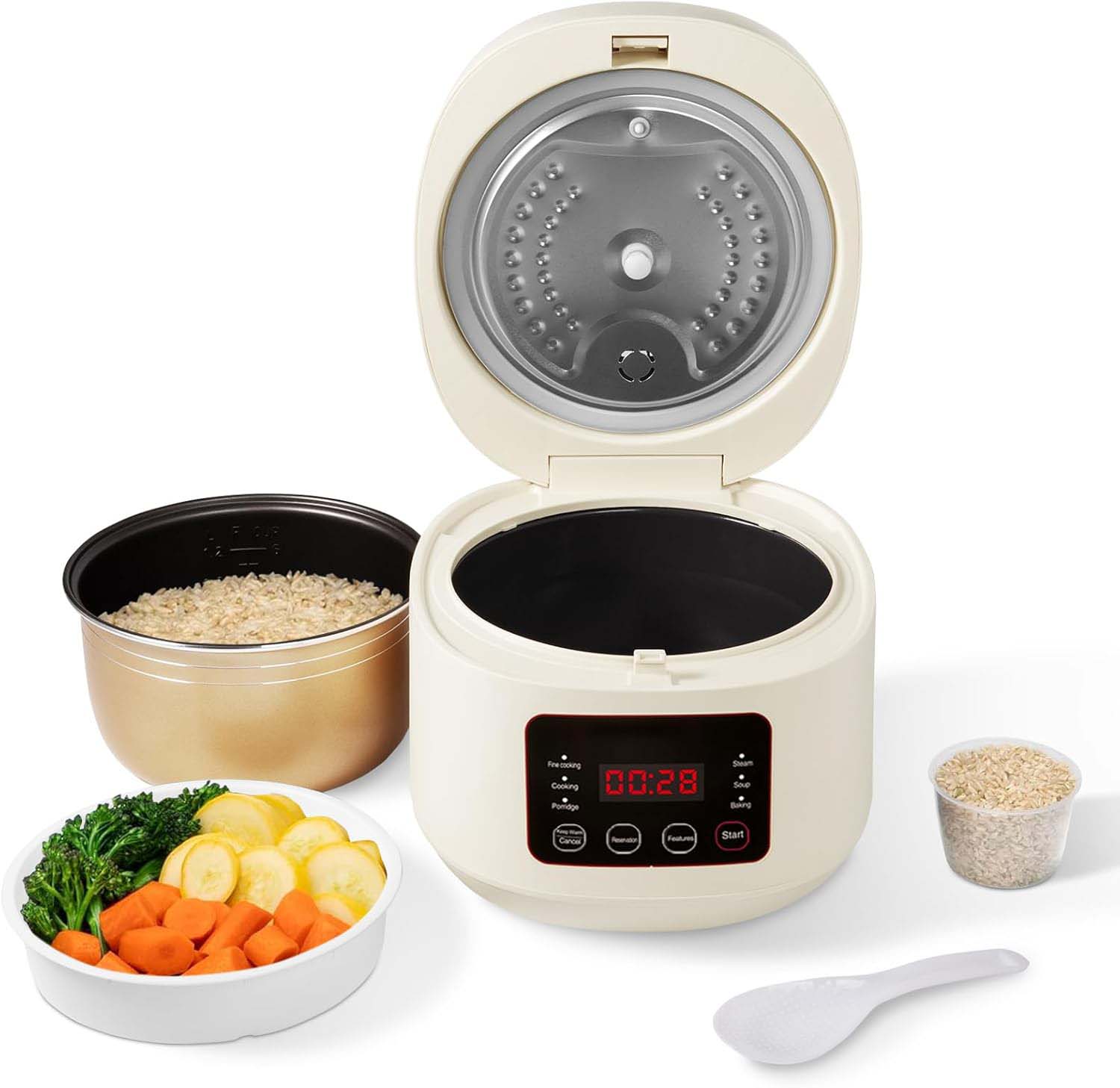 3L Smart Rice Cooker with Steamer – Multi-Functional Cooker for 3-5 People, 24H Delay Start, Includes Measuring Cup, Spoon & Steaming Tray