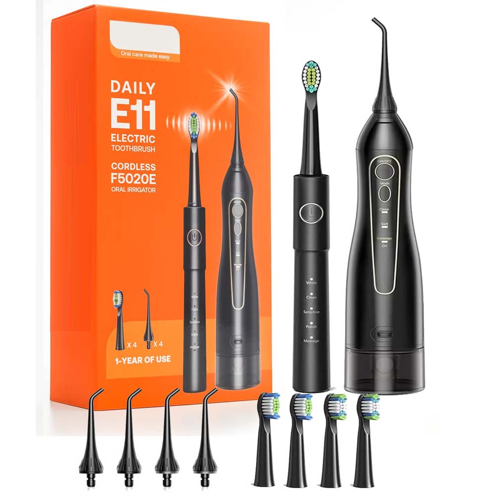 Electric Toothbrush & Water Flosser Combo – Cordless, Rechargeable, Waterproof Oral Care Kit with 5 Brush Modes, 3 Floss Modes, 8 Replacement Heads for Travel
