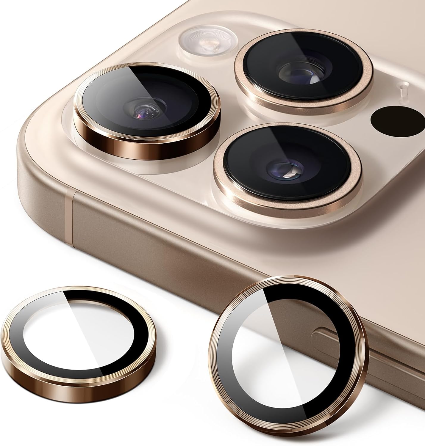 iPhone 16/17 Pro Max Camera Lens Protector 3-Pack | 9H Tempered Glass with Alloy Ring | Anti-Scratch HD Clear Cover – Desert Titanium Finish