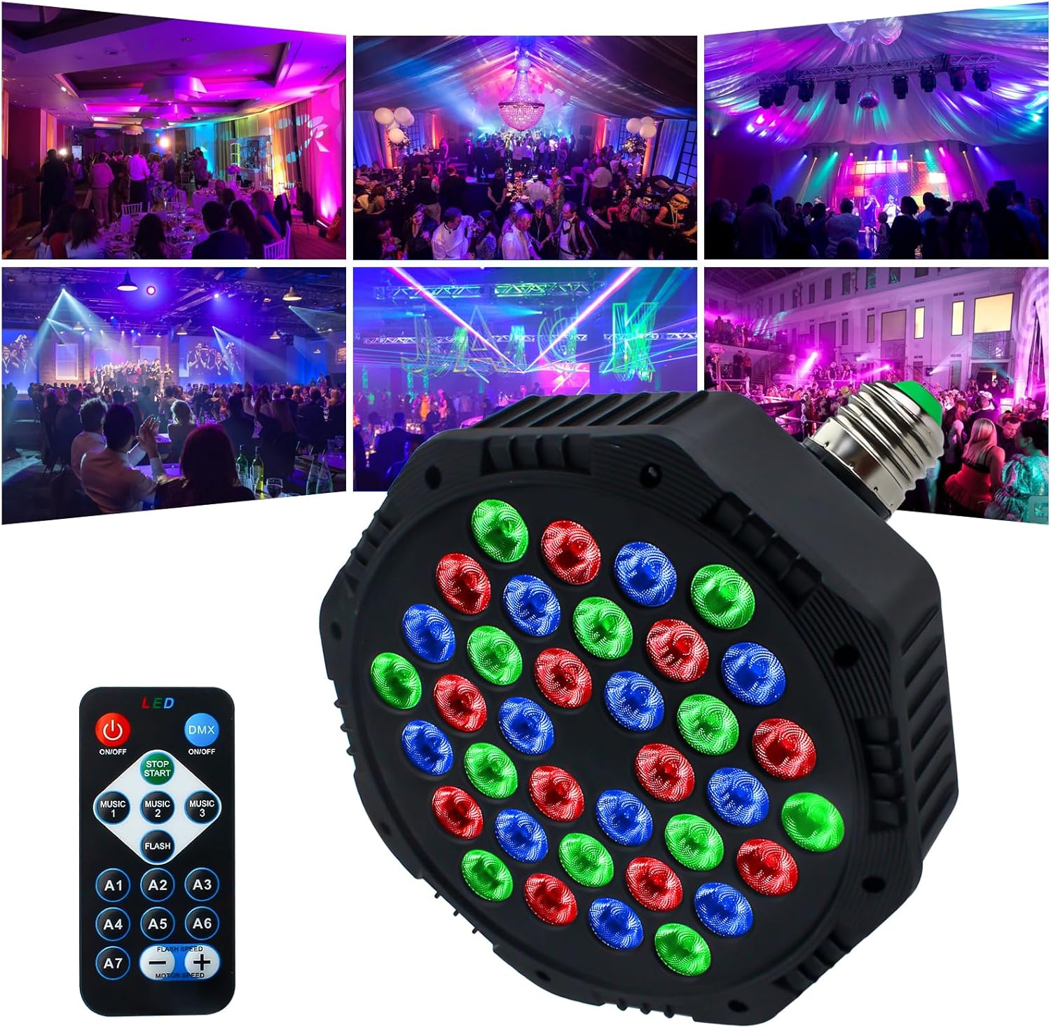 36 LED E27 RGB Party Lights with Remote – 7 Color Modes for DJ Events, Stage Lighting, Holiday Decorations, Halloween & Christmas Indoor/Outdoor Use