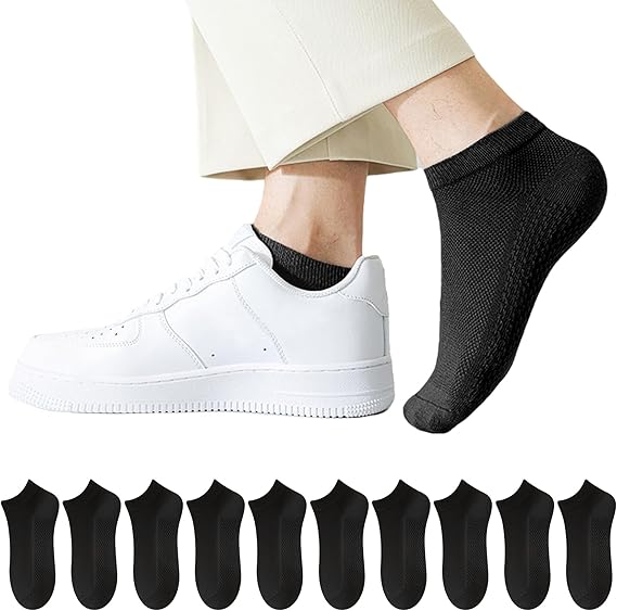 10 Pairs Men’s Breathable Cotton Ankle Socks – Black, Ultra Lightweight, All-Season Comfort, Low-Cut Everyday Socks for Work, Sports, and Casual Wear