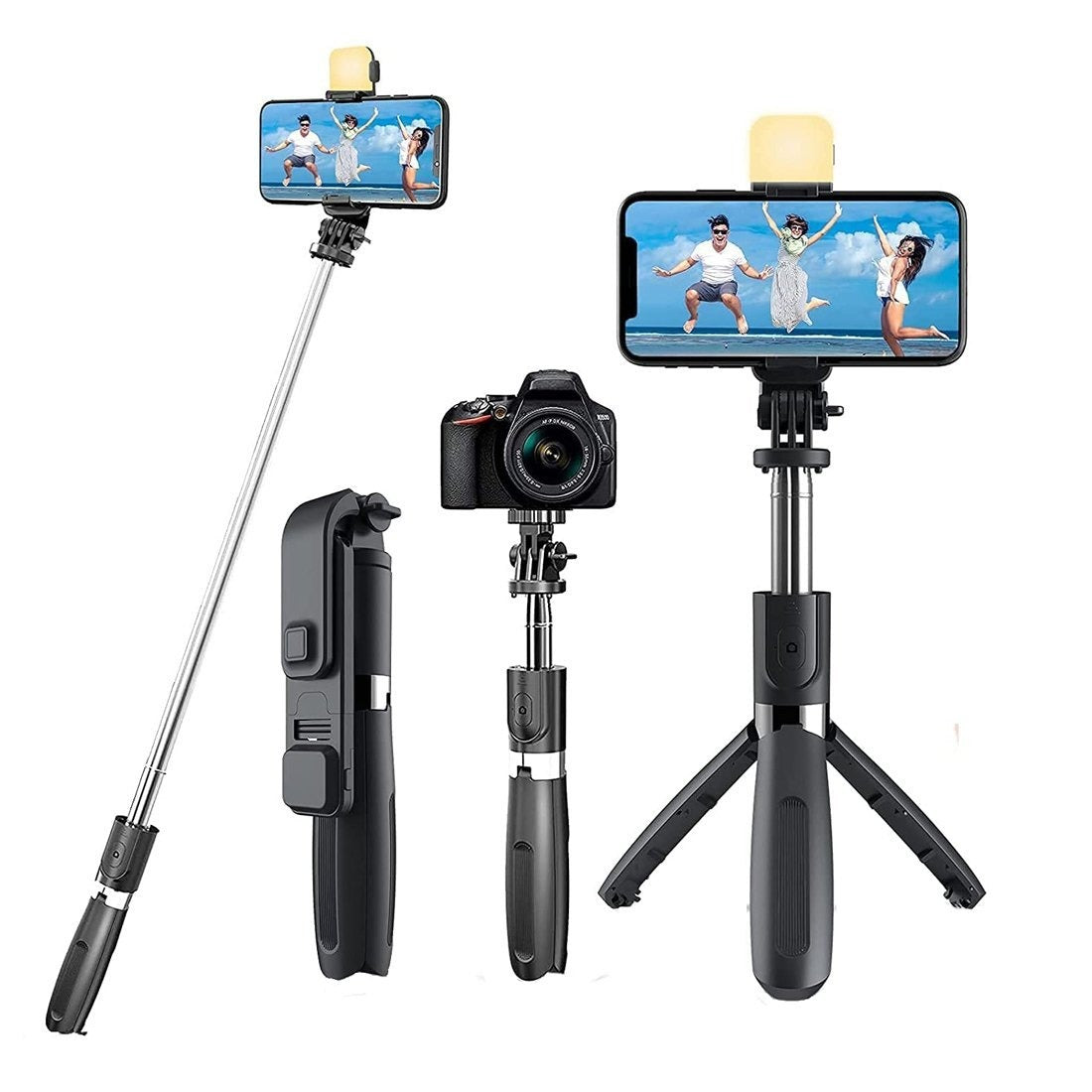 R1S Mobile Selfie Stick with Tripod & LED Light | 3-in-1 Extendable 70cm Selfie Stick for Phone & Camera | Bluetooth Remote & Adjustable Desktop Stand | Compatible with iPhone & Android