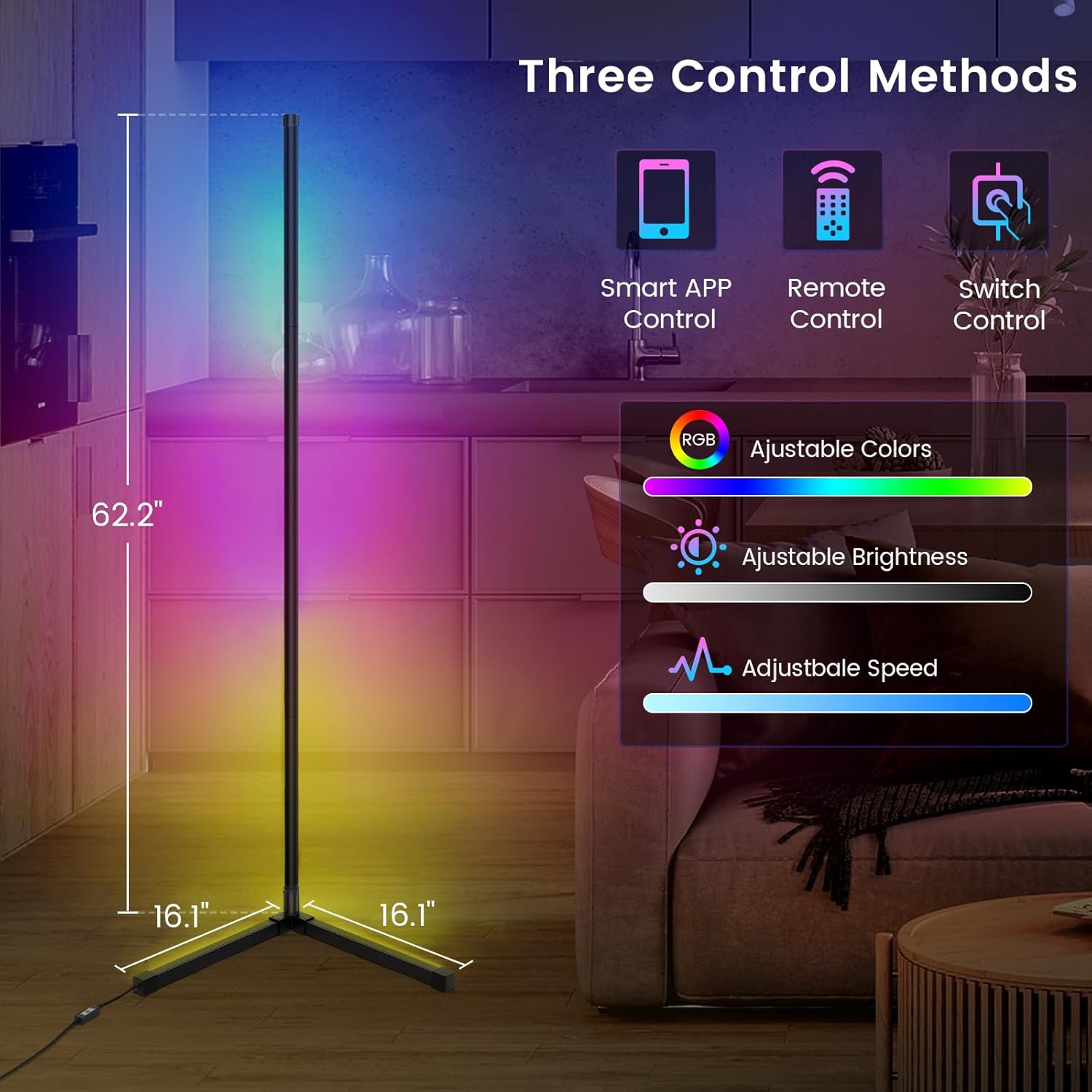 Smart RGB LED Floor Lamp, 62.2” Corner Light with APP & Remote Control, Music Sync & Timer, Modern Color-Changing LED Lamp for Home, Office, and Entertainment