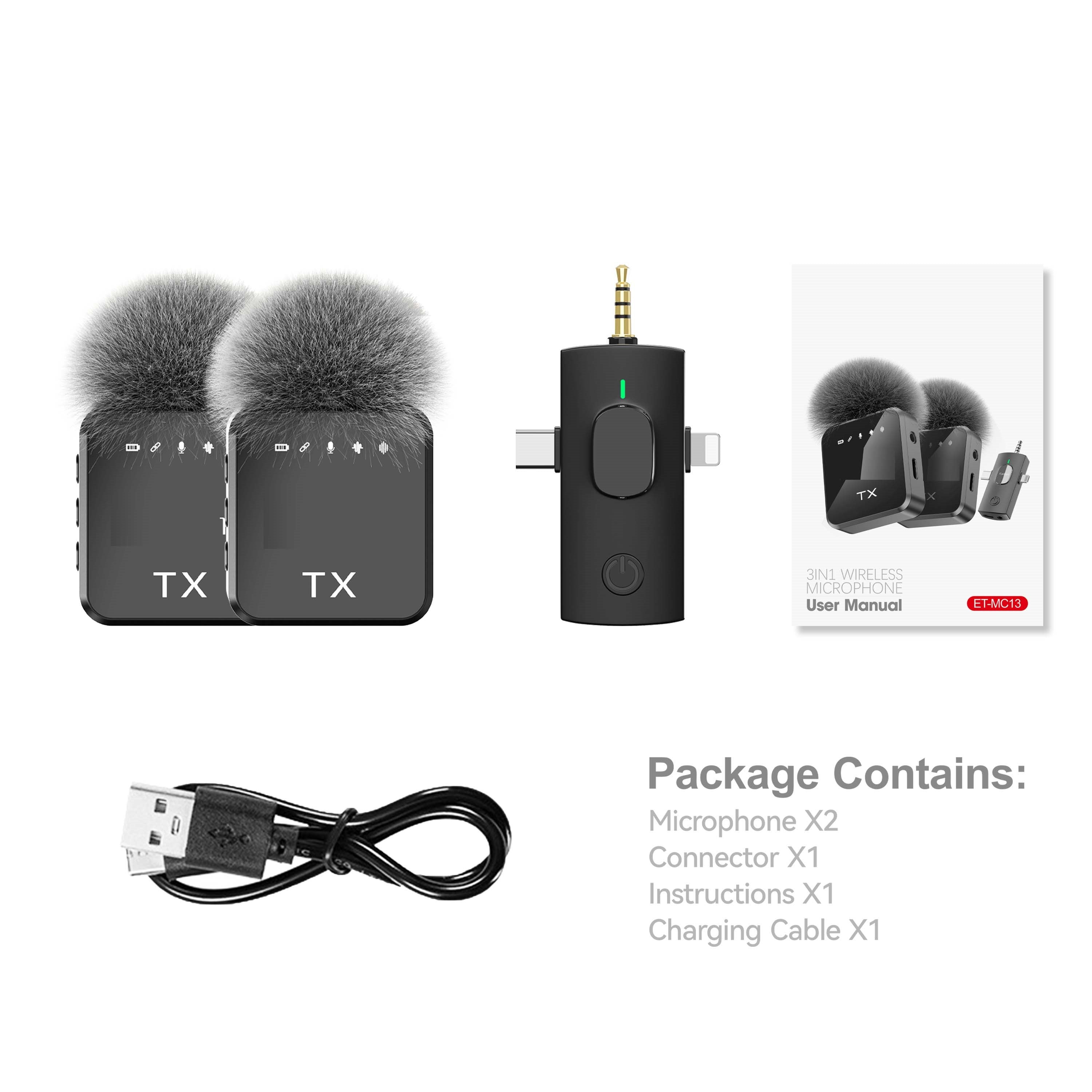 3-in-1 Lavalier Wireless Microphone – 2pcs Wireless Mic Compatible with iPhone, iPad, and Android | Perfect for Video Recording, Gaming, Live Streaming, and Podcasts