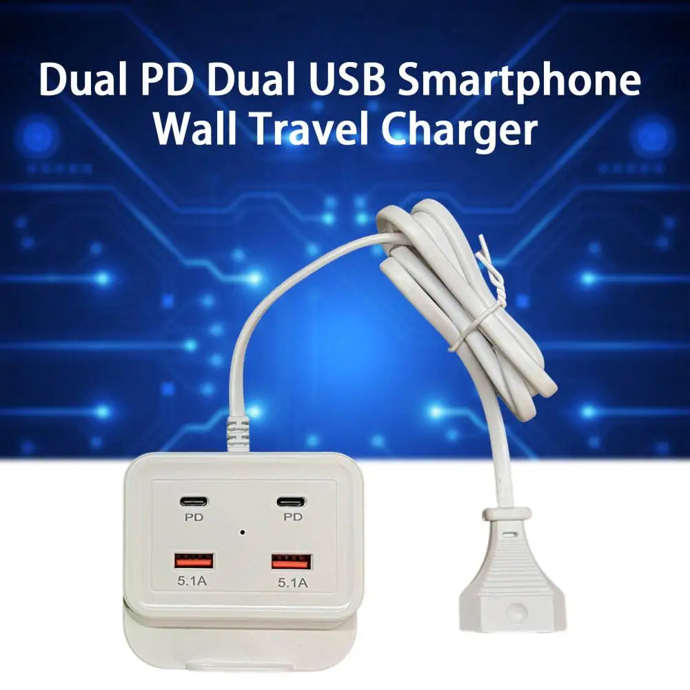 Intelligent USB Power Strip Plug with Dual PD & USB Ports | 5.1A Multi-Port Fast Charging Power Supply | US/EU Plug, 4 USB Output Ports for Safe Charging