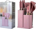 19-Piece Silicone Cooking Utensils & Knife Set | Includes Utensils, Knives, Cutting Board & Block | Stylish Pink Design