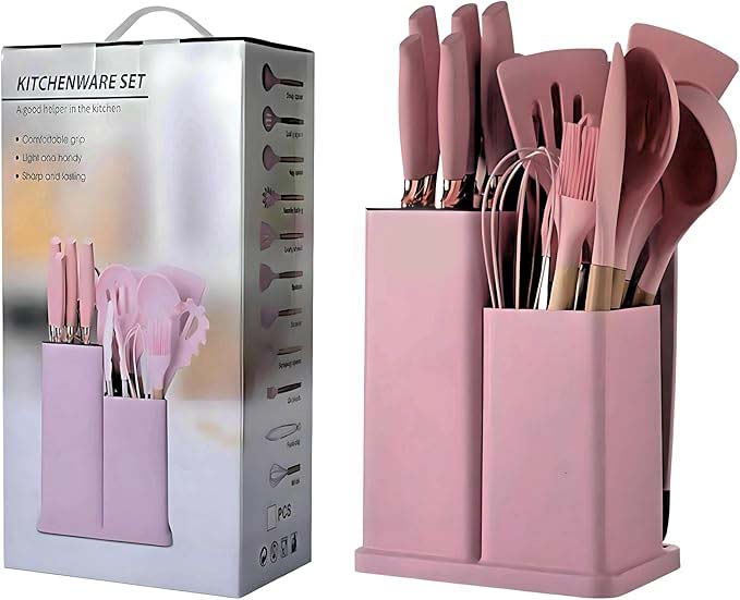 19-Piece Silicone Cooking Utensils & Knife Set | Includes Utensils, Knives, Cutting Board & Block | Stylish Pink Design