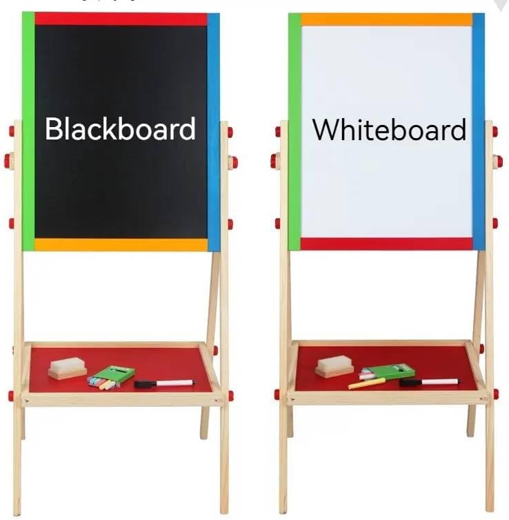 Kids Writing Board – Double-Sided Wooden Easel with Whiteboard, Chalkboard & Adjustable Height for Learning and Play