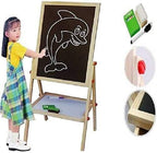 Kids Writing Board | Double-Sided Wooden Easel with Whiteboard & Chalkboard | Adjustable Learning Stand