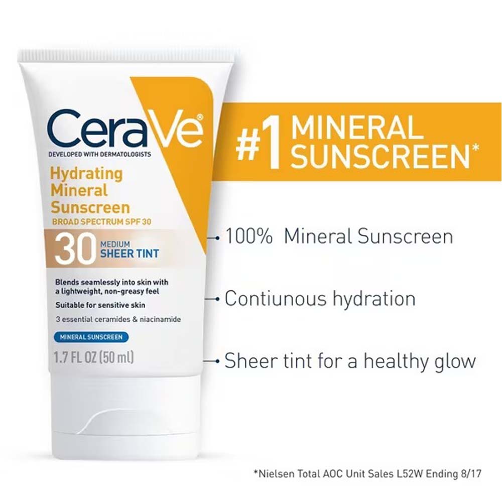 CeraVe Hydrating Mineral Sunscreen Face Lotion SPF 30 with Sheer Tint – 100% Mineral Filter, Broad Spectrum Protection & Healthy Glow Finish