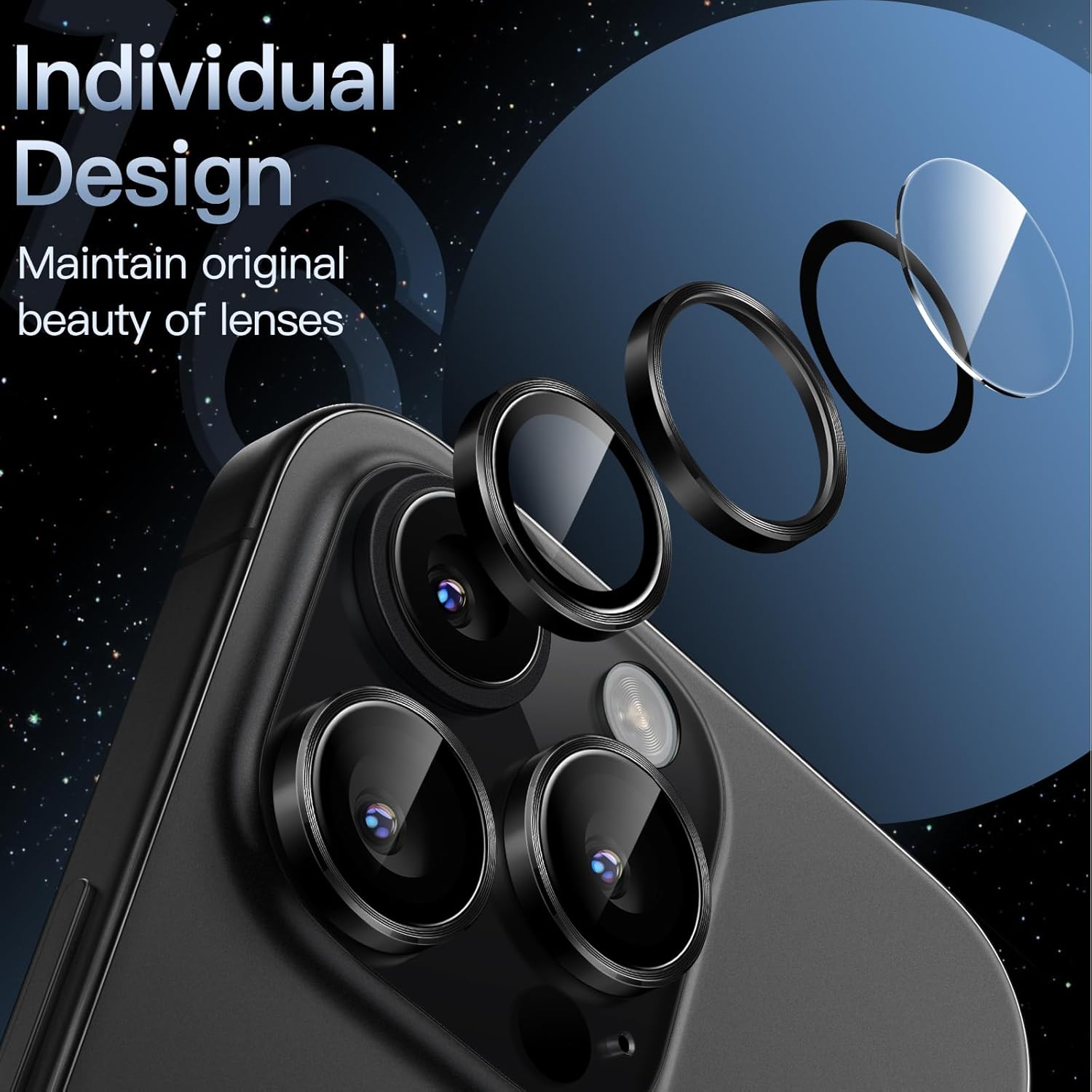 iPhone 16/17 Pro Max Camera Lens Protector 3-Pack | 9H Tempered Glass with Aluminum Alloy Ring | Anti-Scratch HD Clear Cover – Black Finish