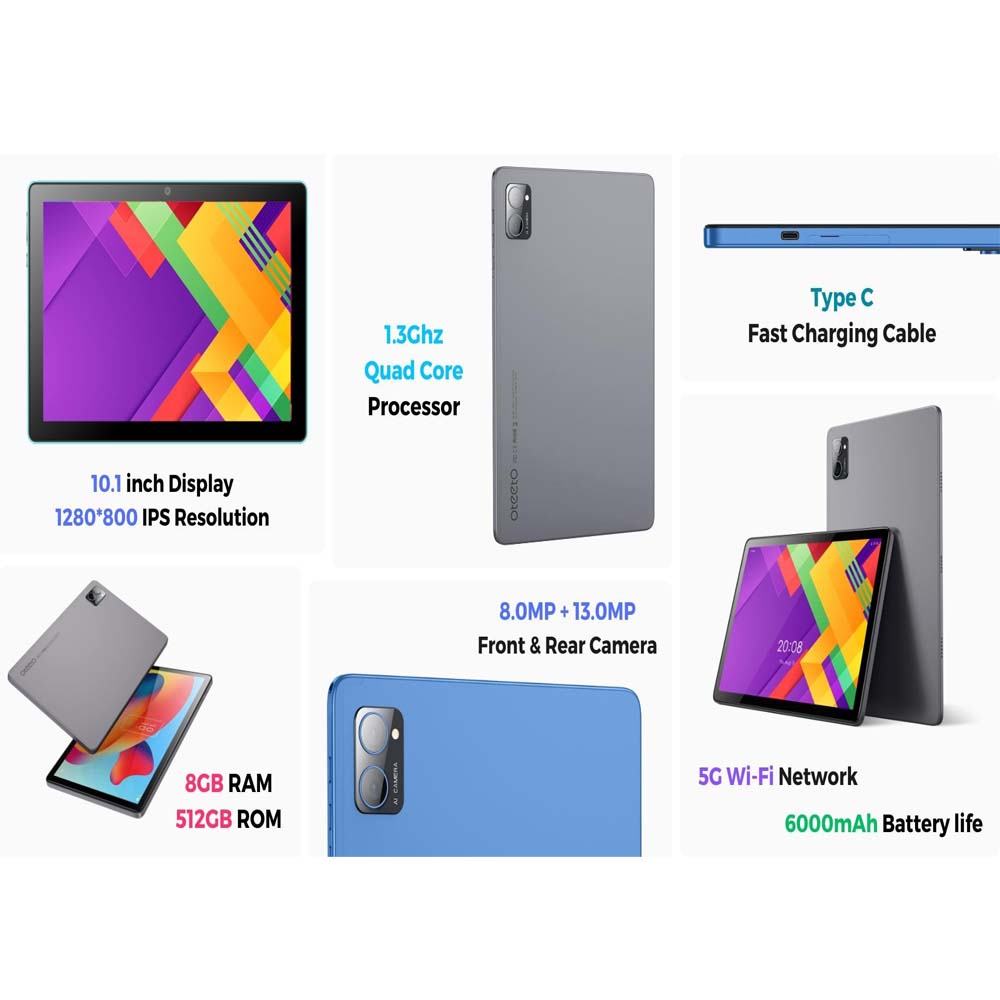 TAB11 PRO 10.1 Inch Android Tablet – 8GB RAM, 512GB ROM, Octa-Core Processor, 6000 mAh Battery, 5G Connectivity, Dual Camera, Sleek Blue Design