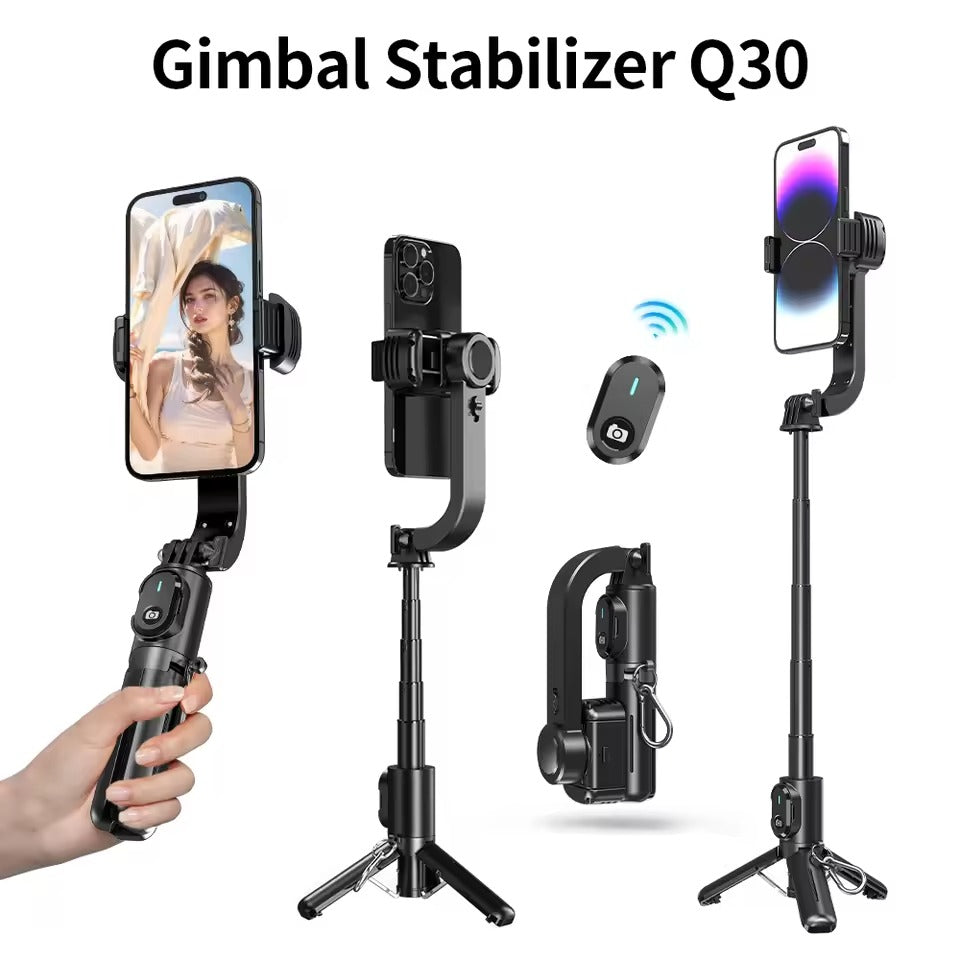 Q-30 Mini Gimbal Stabilizer | 3-Axis AI Handheld Stabilizer with Selfie Stick & Tripod | ABS & Aluminum Smartphone Stabilizer for Smooth Video & Vlogging