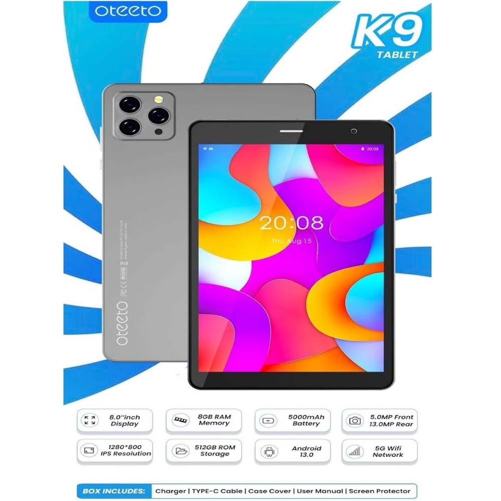 Oteeto K9 5G Android Tablet – 8.0" Display, 8GB RAM, 512GB ROM, 5000mAh Battery, Dual Cameras | Sleek Design for Work, Play, and Entertainment – Gray