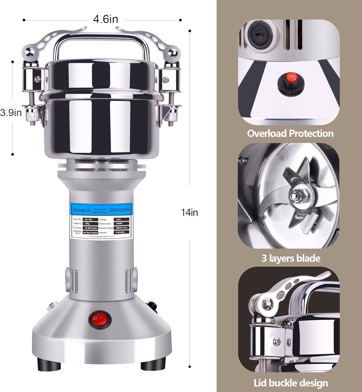 1000W Commercial Grain Mill Grinder – 200g Capacity, Superfine Flour & Spice Grinder, High-Speed Electric Mill for Efficient Home and Small Business Use