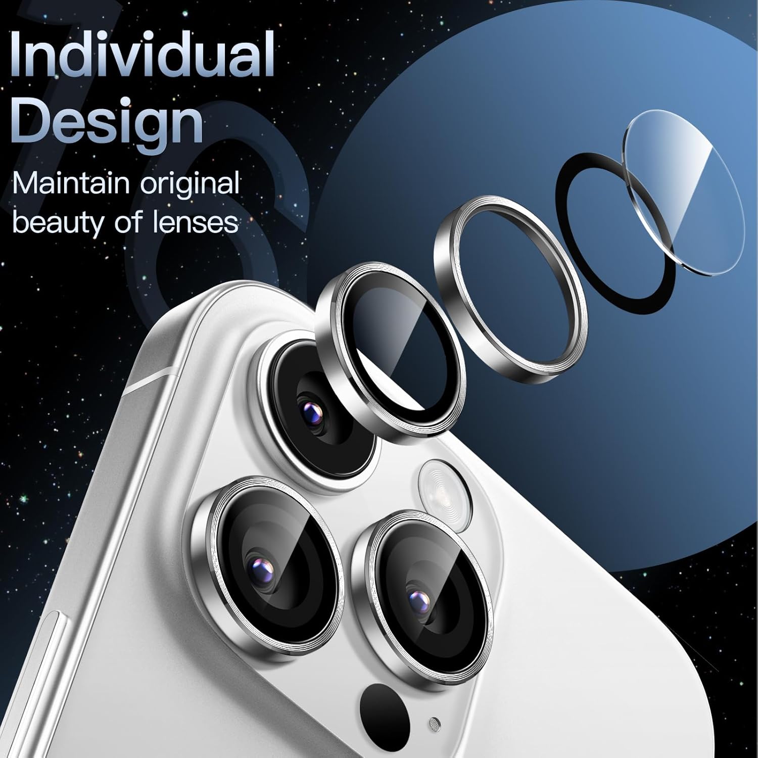 iPhone 16/17 Pro Max Camera Lens Protector 3-Pack | 9H Tempered Glass with Alloy Ring | Anti-Scratch HD Clear Cover – Silver Titanium Finish