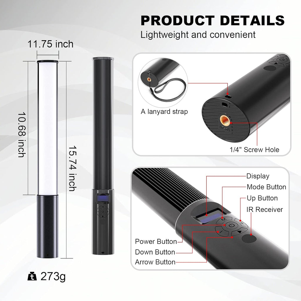 FM-128 RGB LED Light Wand – Adjustable Color & Brightness (2500K–6500K), 12 Scene Effects, Built-in Battery for Photography, Vlogging & Creative Lighting
