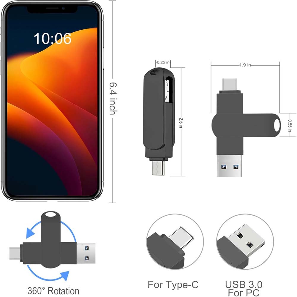 32GB USB-C Flash Drive | 170MB/s High-Speed Multi-Port Memory Stick | Dual USB-C & USB-A for Android Smartphones, Tablets, Laptops, PC & Mac (Black)