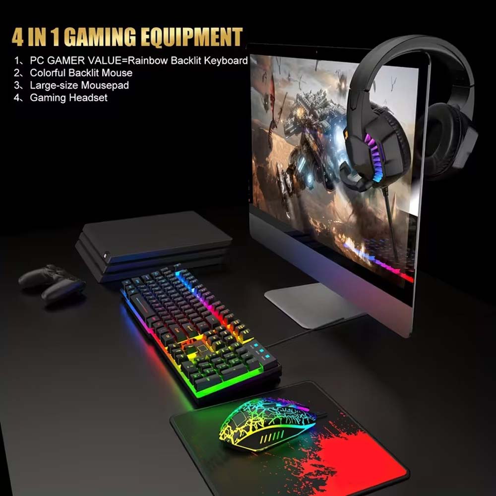 4-in-1 Gaming Combo Set: Wired Keyboard, Mouse, Headset & Mouse Pad | Rainbow LED Backlit Gaming Accessories for PC, PS4, Xbox & Complete Gamer Setup