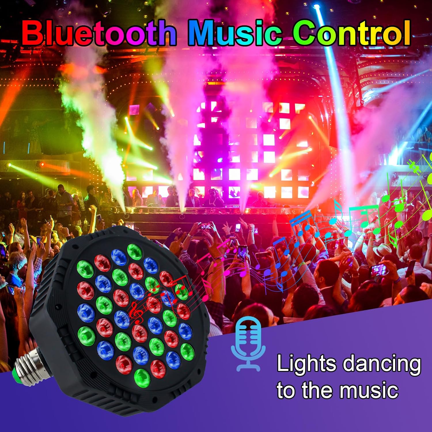 36 LED E27 RGB Party Lights with Remote – 7 Color Modes for DJ Events, Stage Lighting, Holiday Decorations, Halloween & Christmas Indoor/Outdoor Use