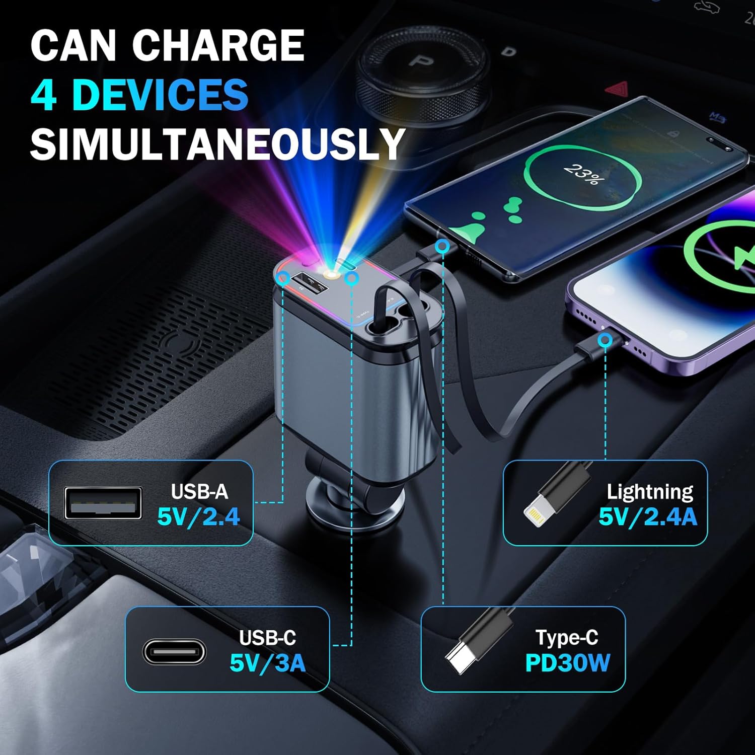 Fast 60W Car Charger with Starlight Roof, 4-in-1 Retractable USB-C Adapter, Dual USB Ports, Compatible with iPhone, Android, Tablets & More