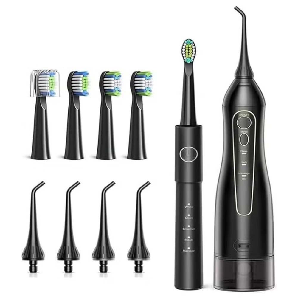Electric Toothbrush & Water Flosser Combo – Cordless, Rechargeable, Waterproof Oral Care Kit with 5 Brush Modes, 3 Floss Modes, 8 Replacement Heads for Travel