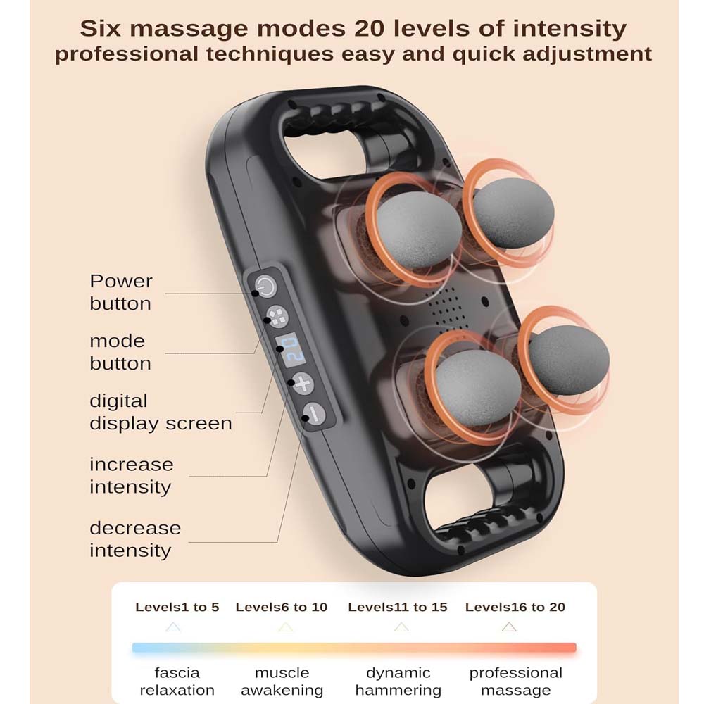 4-Head Massage Gun Deep Tissue | 20 Intensity Levels & 6 Massage Modes | Handheld Muscle Massager for Back, Neck, Shoulders, Legs & Full Body Pain Relief