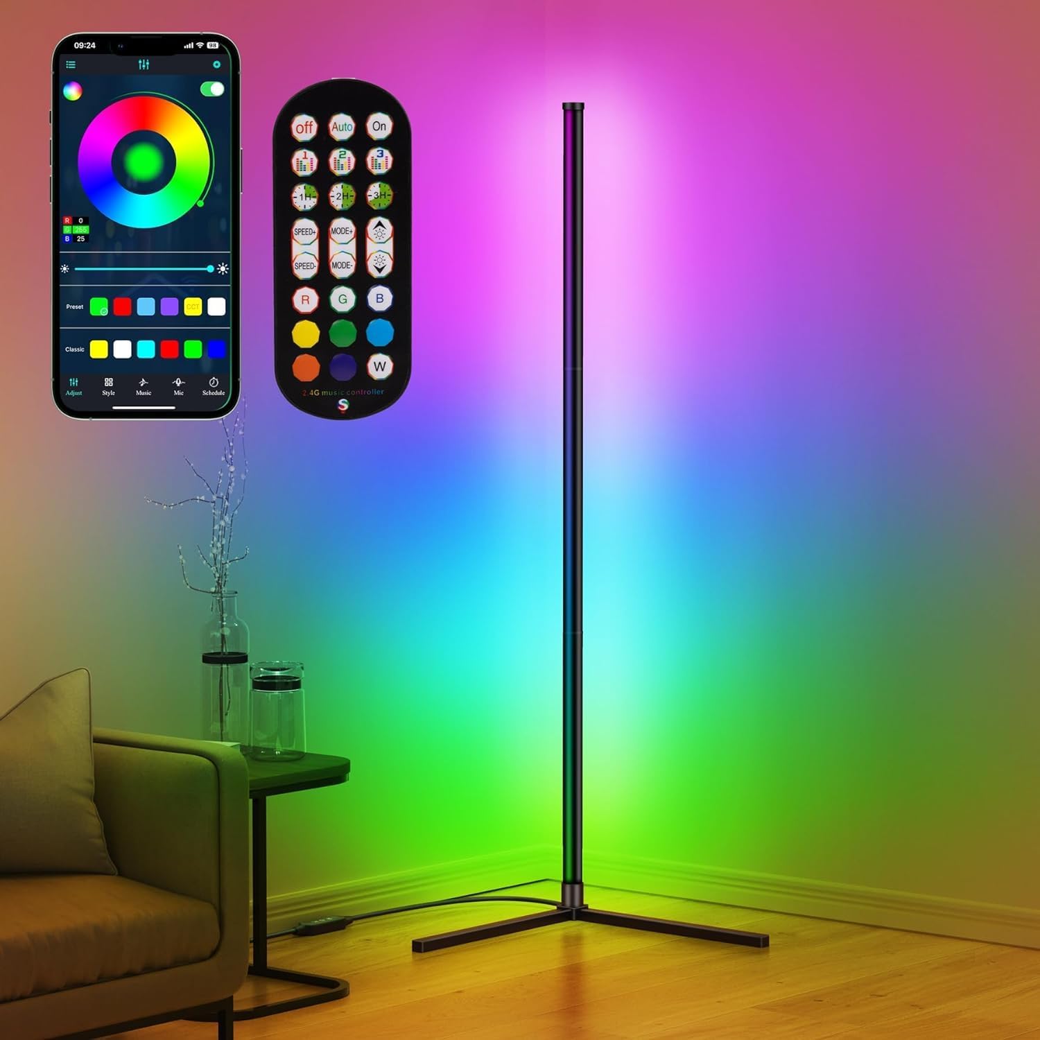 Smart RGB LED Floor Lamp, 62.2” Corner Light with APP & Remote Control, Music Sync & Timer, Modern Color-Changing LED Lamp for Home, Office, and Entertainment