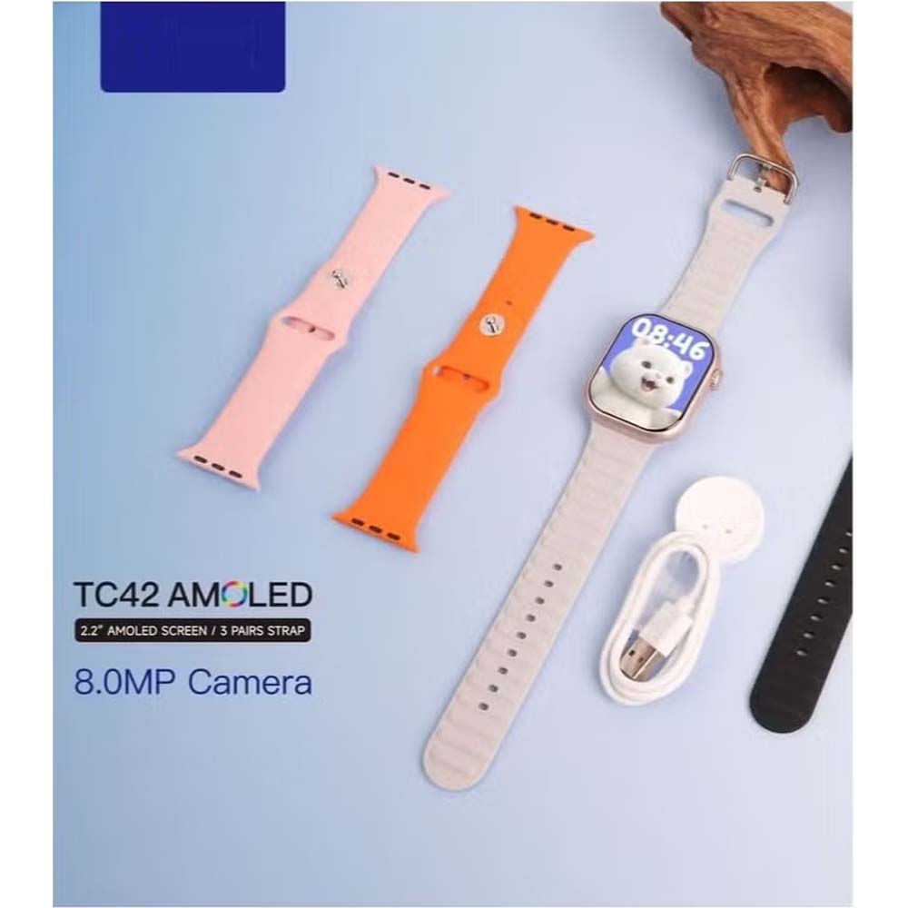 TC42 AMOLED 4G Smartwatch. 2.2" display, 8MP camera, SIM card slot. Unisex design with 3 straps in silver.