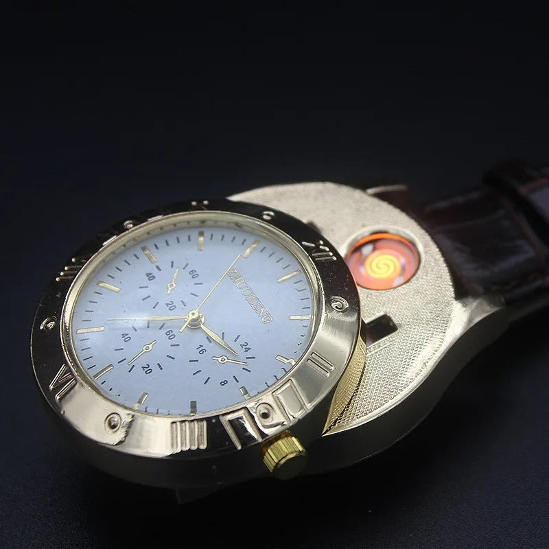 Cigarette Lighter Watch | Golden USB Rechargeable Casual Watch with Heating Wire Lighter for Men | Stylish & Functional Accessory