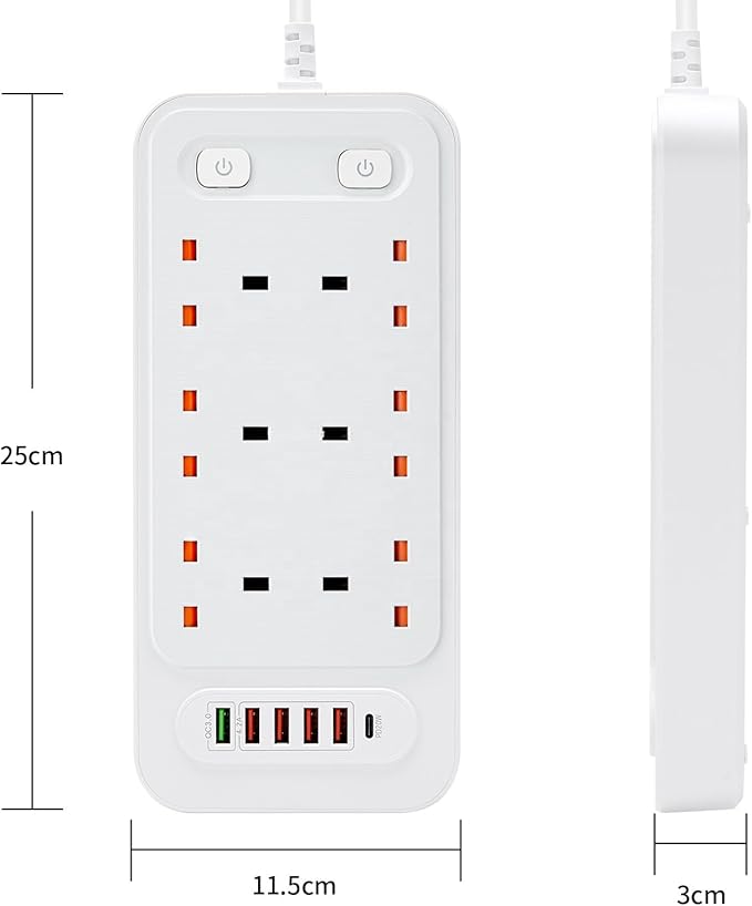 Universal 6-Way Power Outlet Strip with Fast Charging | US Plug (Black)