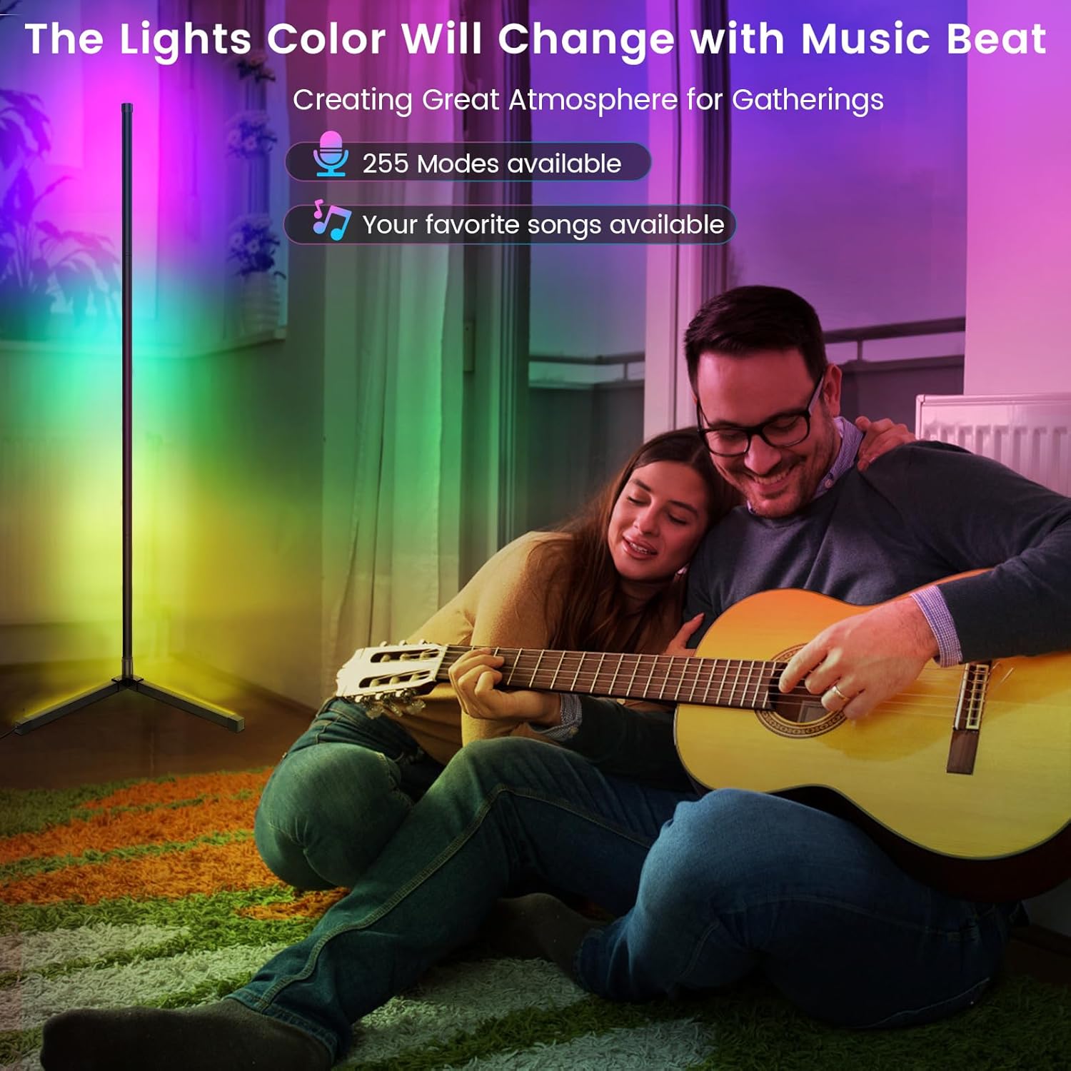Smart RGB LED Floor Lamp, 62.2” Corner Light with APP & Remote Control, Music Sync & Timer, Modern Color-Changing LED Lamp for Home, Office, and Entertainment