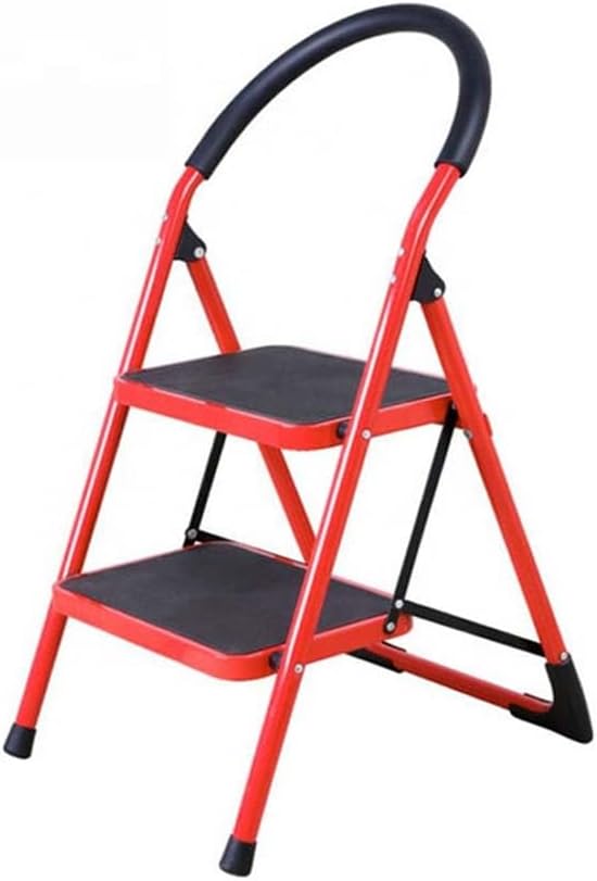 Compact 2-Step Mini Ladder | Folding Wrought Iron Red Stairs for Home Use