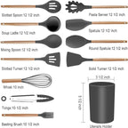 19-Piece Silicone Cooking Utensils & Knife Set | Grey Kitchen Tools with Knives, Cutting Board, & Storage Block