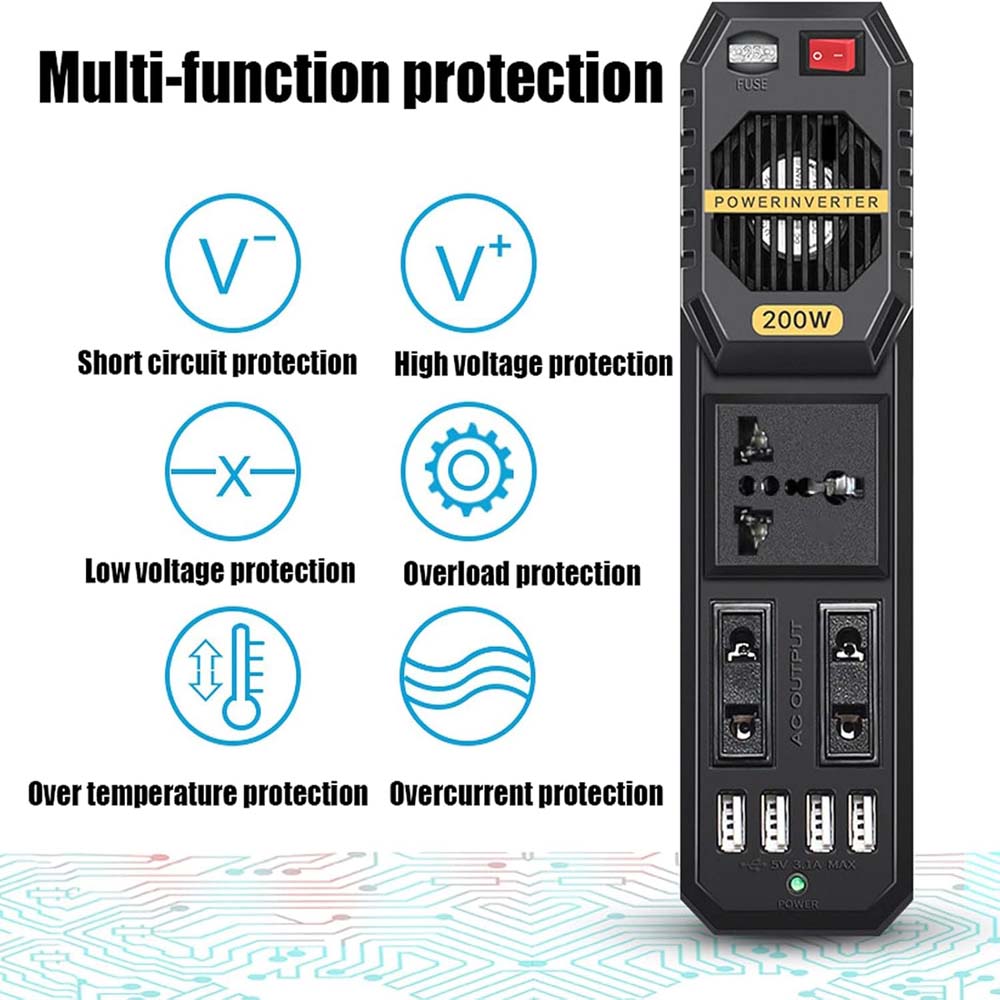 200W Car Power Inverter | DC 12V to AC 220V Converter with Dual AC Outlets, 4 USB Charging Ports & Cigarette Lighter Socket for Travel & Road Trips