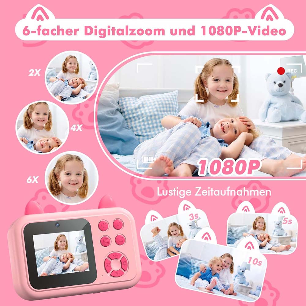 Kids Instant Camera - 1080P Digital Camera with Printing Paper, Fun & Educational Toy for Ages 3-12 (No Card Included) - Pink