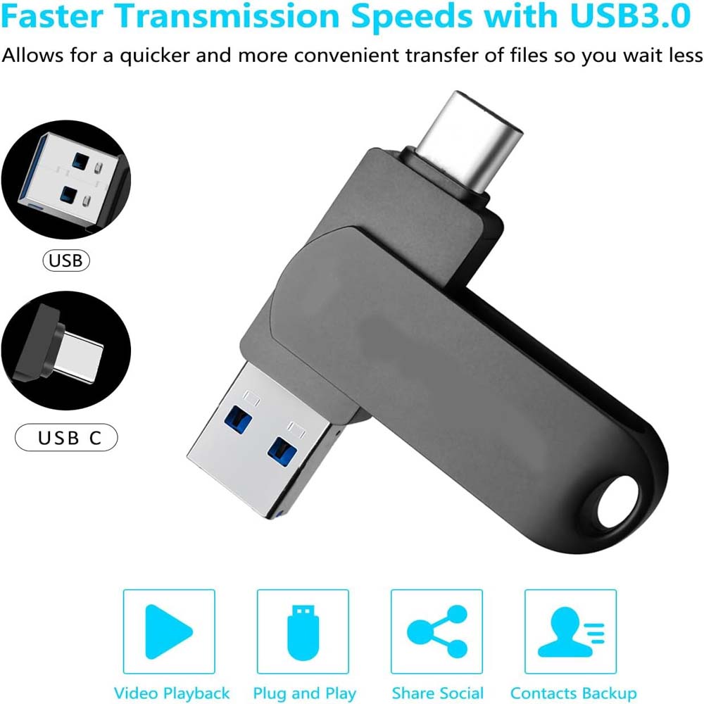32GB USB-C Flash Drive | 170MB/s High-Speed Multi-Port Memory Stick | Dual USB-C & USB-A for Android Smartphones, Tablets, Laptops, PC & Mac (Black)