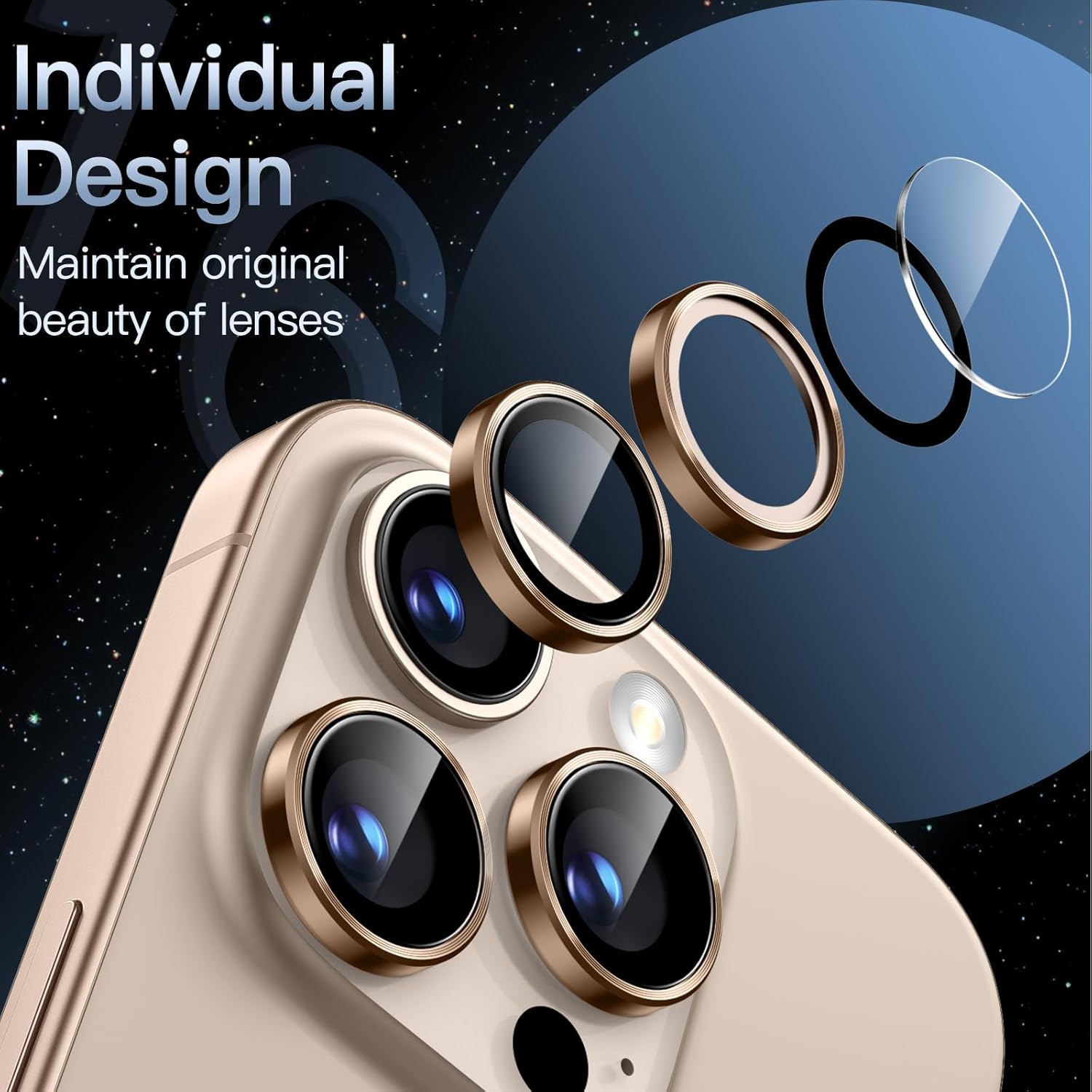 iPhone 16/17 Pro Max Camera Lens Protector 3-Pack | 9H Tempered Glass with Alloy Ring | Anti-Scratch HD Clear Cover – Desert Titanium Finish
